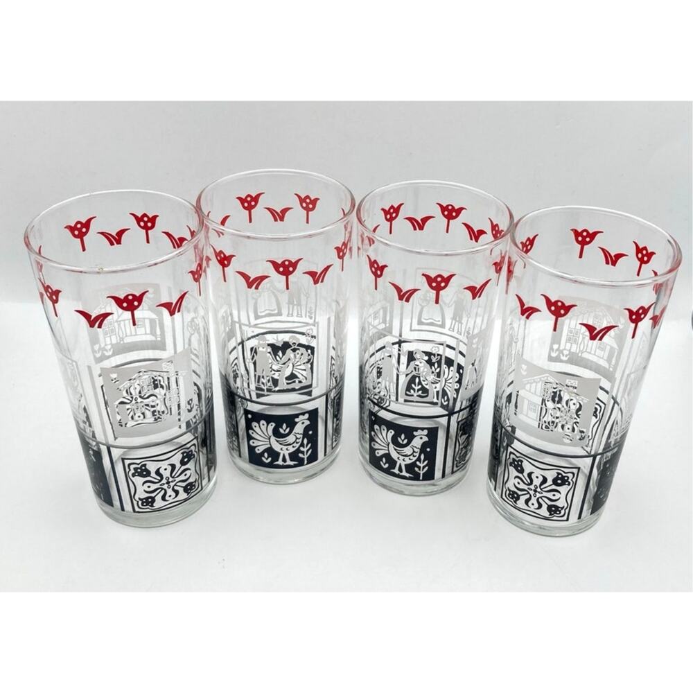 VTG Set of 4 Mid Century Amish Butterprint Pennsylvania Dutch Tumbler Glass Cups